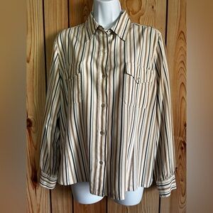 Doncaster Women blouse button down shirt Silk Striped Cream Brown size L pockets